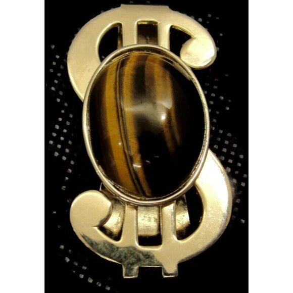 Dollar Sign Money Clip Imitation Tiger Eye Stainless Steel Cash ID Holder - Picture 3 of 10